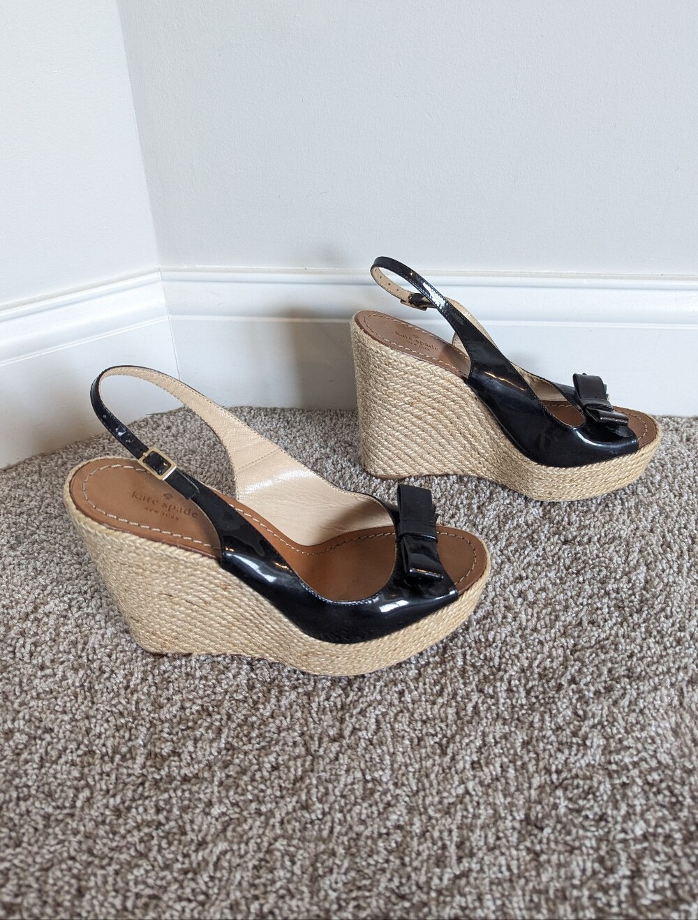 Kate Spade Lexie Black Leather Patent Leather Bow Espadrille Wedge sz 10